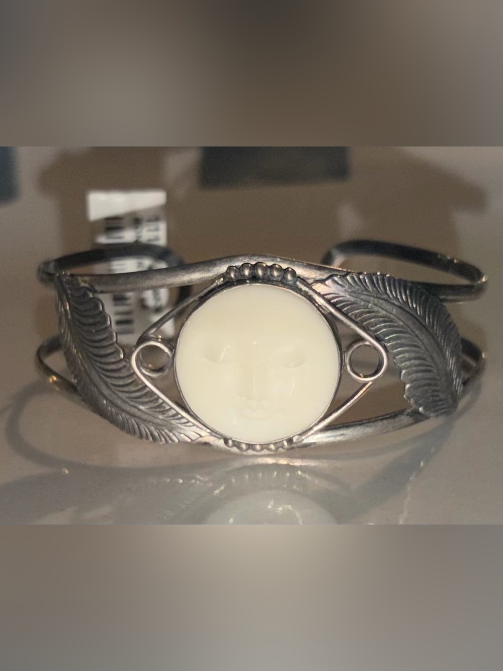 Vintage Sterling Silver Hand Carved Bone Moon Face Feather Cuff Bracelet